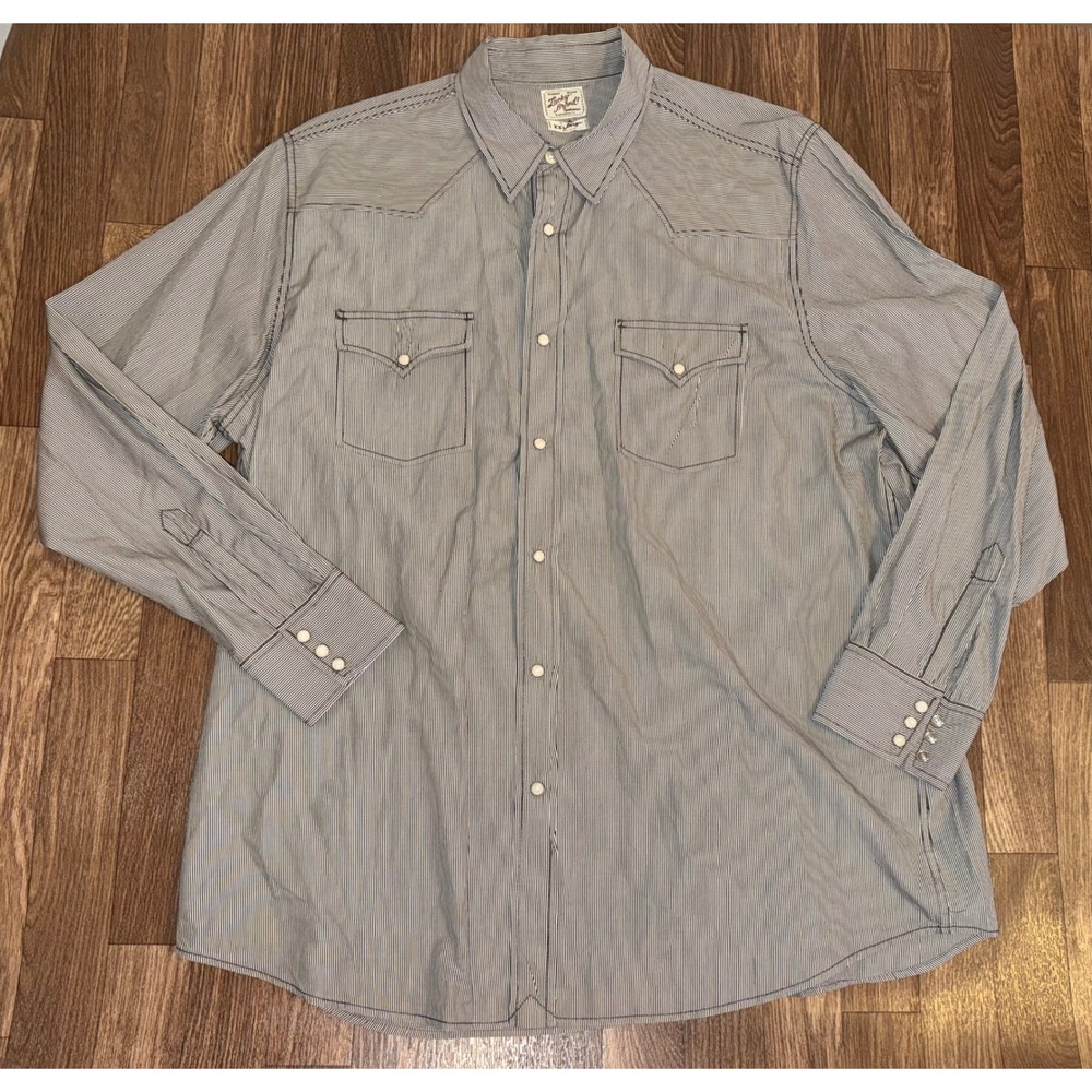 Lucky Brand Western Shirt XX‎ Large Blue White Pinstripe Cotton Long Sleeve Snap